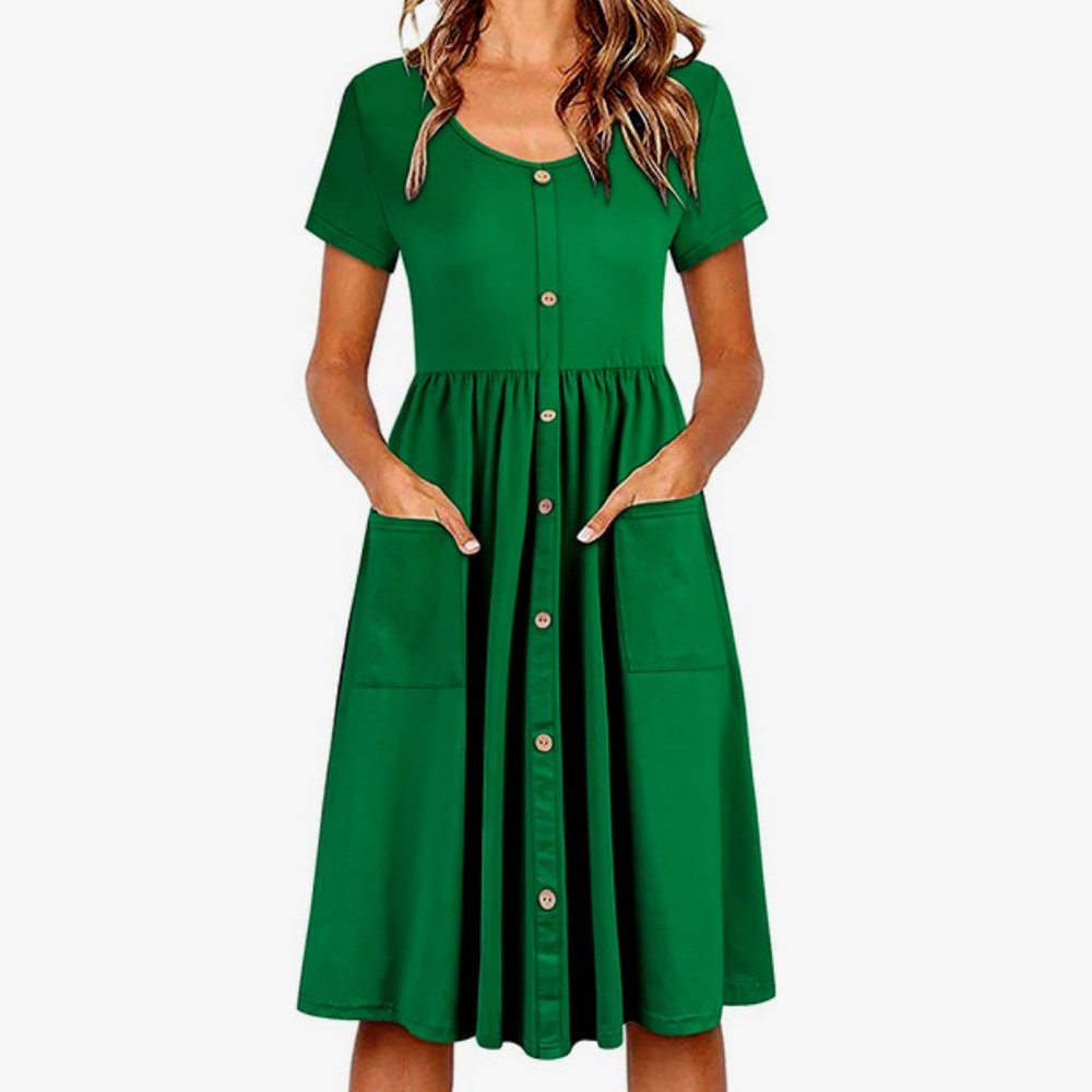 NWT OUGES Women's V Neck Button Down Skater Dress with Pockets Size XXL Green